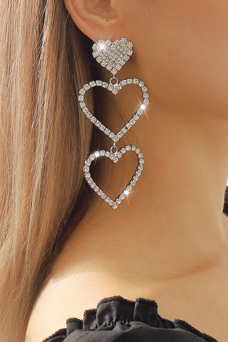 Three-Layer Heart-Shaped Rhinestone Dangle Earrings-Gold