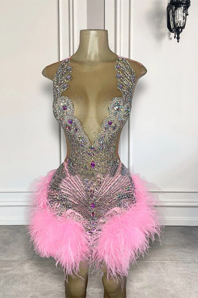 Dresseswow Pink Scoop Sleeveless Short Evening Gowns With Beadings Crystals Feathers