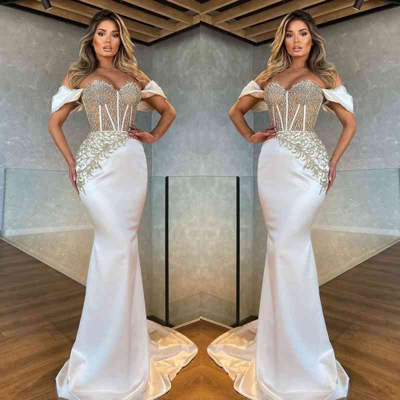 Miabel New Arrive White Off The Shoulder Mermaid Prom Dress Long With Beads