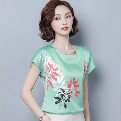 Budgetg 2022 Summer New Short Sleeve Round Neck Printed Silk Tops Simple Korean Loose Plus Size 4XL Blouse Women Chemisier Femme 9373 50