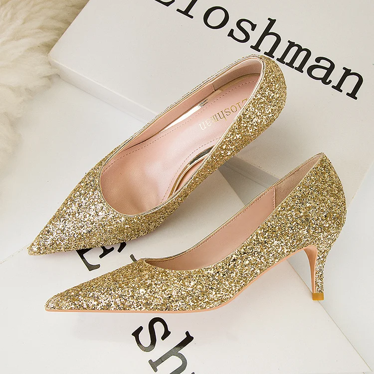 Women's Pumps style fashionable and sexy nightclub slimming stiletto high heels banquet shallow mouth pointed toe shining sequin shoes_ ecoleips_old