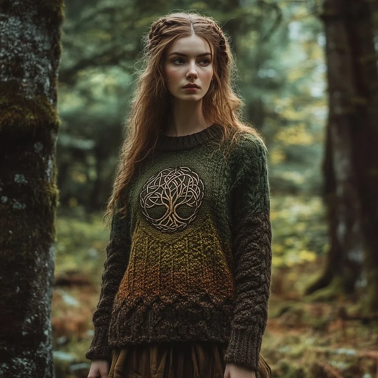 Women's Celtic Tree Of Life Forest Ombre Crew Neck Sweater