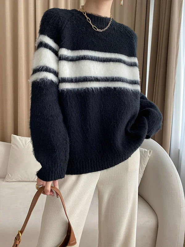 Casual Long Sleeves Roomy Contrast Color Striped Round-Neck Sweater Tops