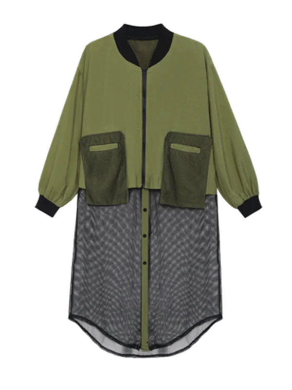 Stylish Split-Joint With Pocket Mesh Buttoned Stand Collar Long Sleeves Jacket Outwear