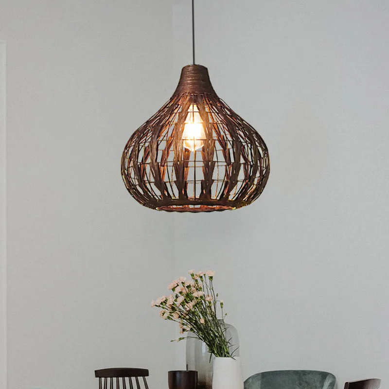 Retro Coffee Bamboo Rattan Pendant Light Lampshade For Living Room