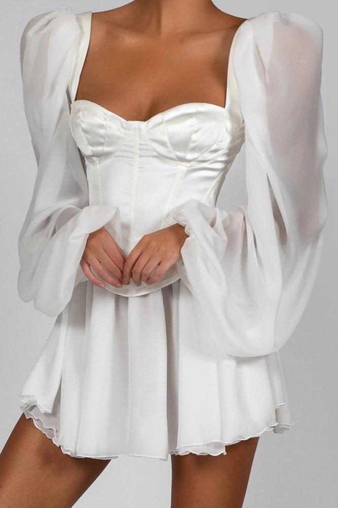 White Lantern Sleeves Chiffon Dress With Zipper - Life is Beautiful for You - SheChoic