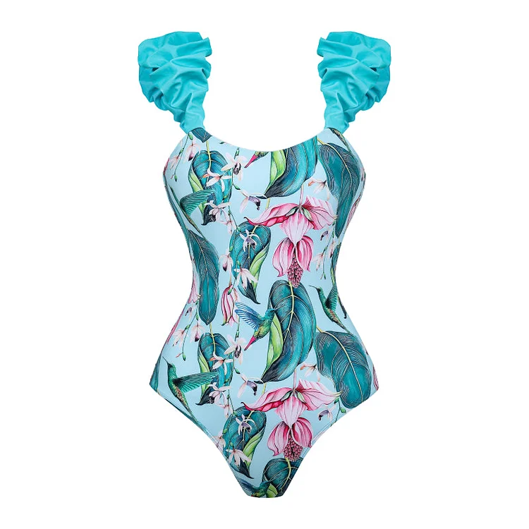 Bubble Shoulder Printed One Piece Swimsuit Flaxmaker