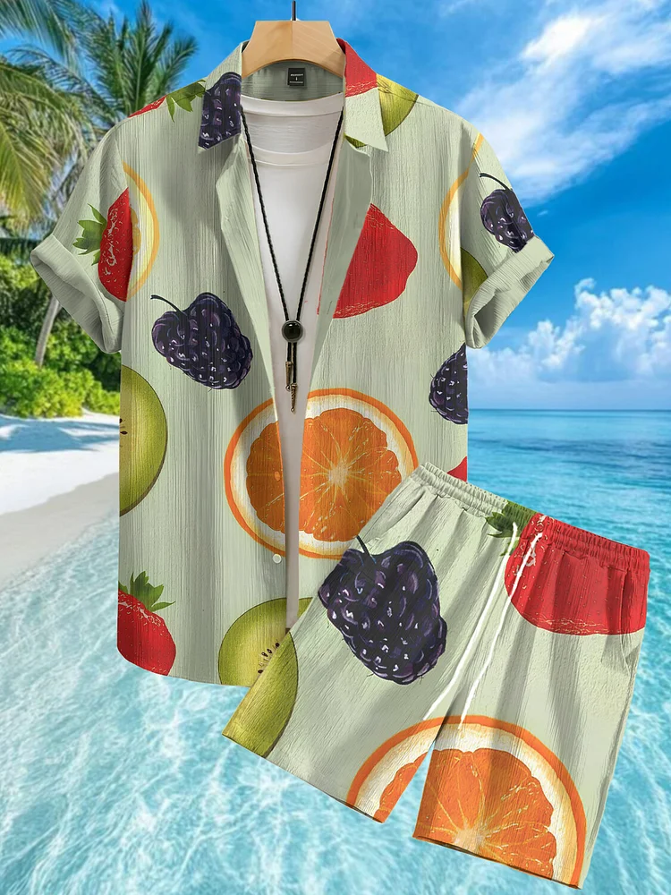 Men's Grapes Orange Strawberry Fruit Vacation Art Print Short Sleeve Shirt Set