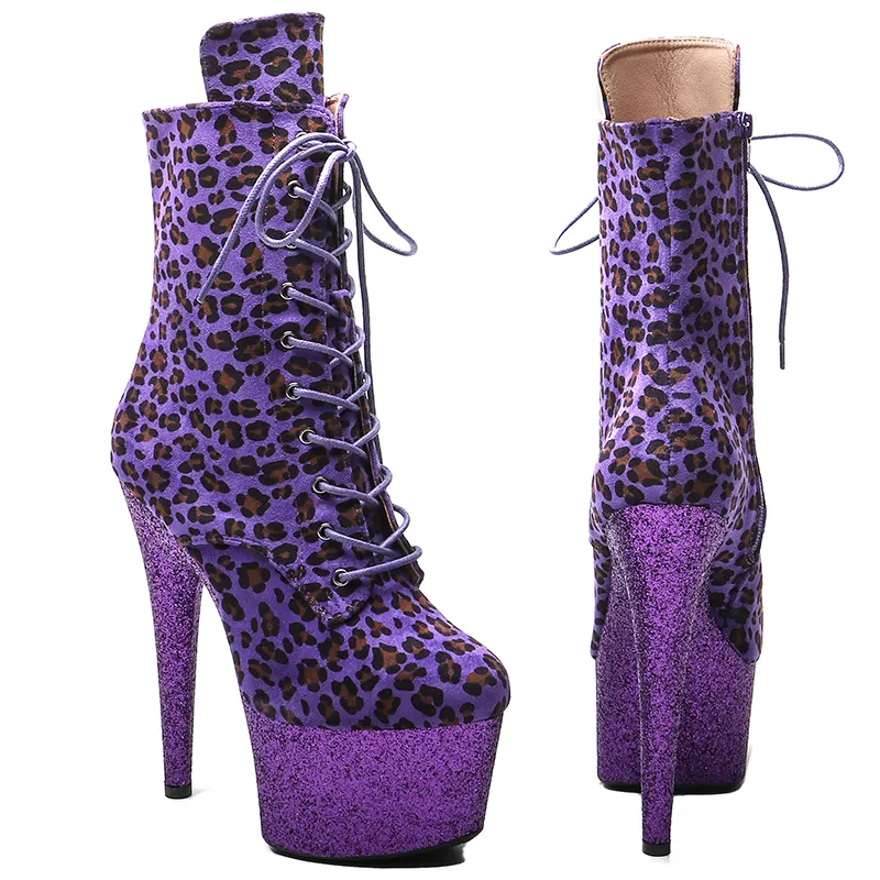 VCshoes 17CM/7inches Leopard Suede Upper Women Fashion High Heel Platform Lace Up Ankle Boots Pole Dance Boots