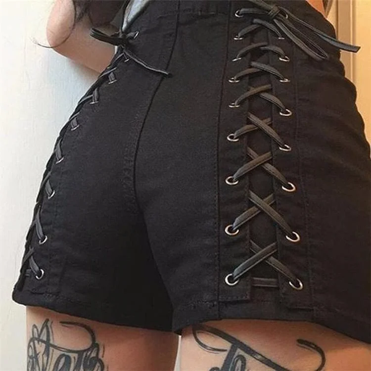 Black Lace-Up High Waist Shorts SP1812414