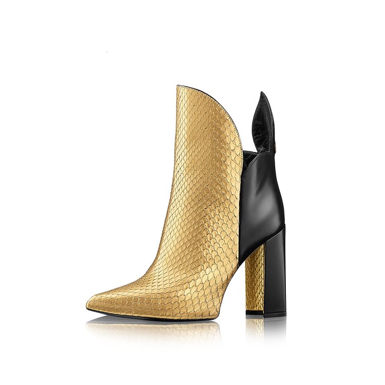 Gold Python Fashion Boots Pointy Toe Chunky Heels Ankle Booties |FSJ Shoes