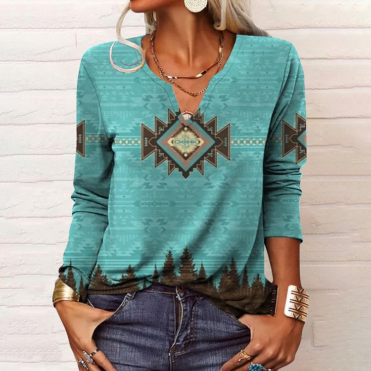 Western Print V-Neck Long Sleeve Casual T-Shirt