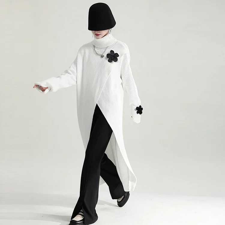 Fashion Loose Solid Color Turtleneck Irregular Slit Long Sleeve Swallowtail Sweater  