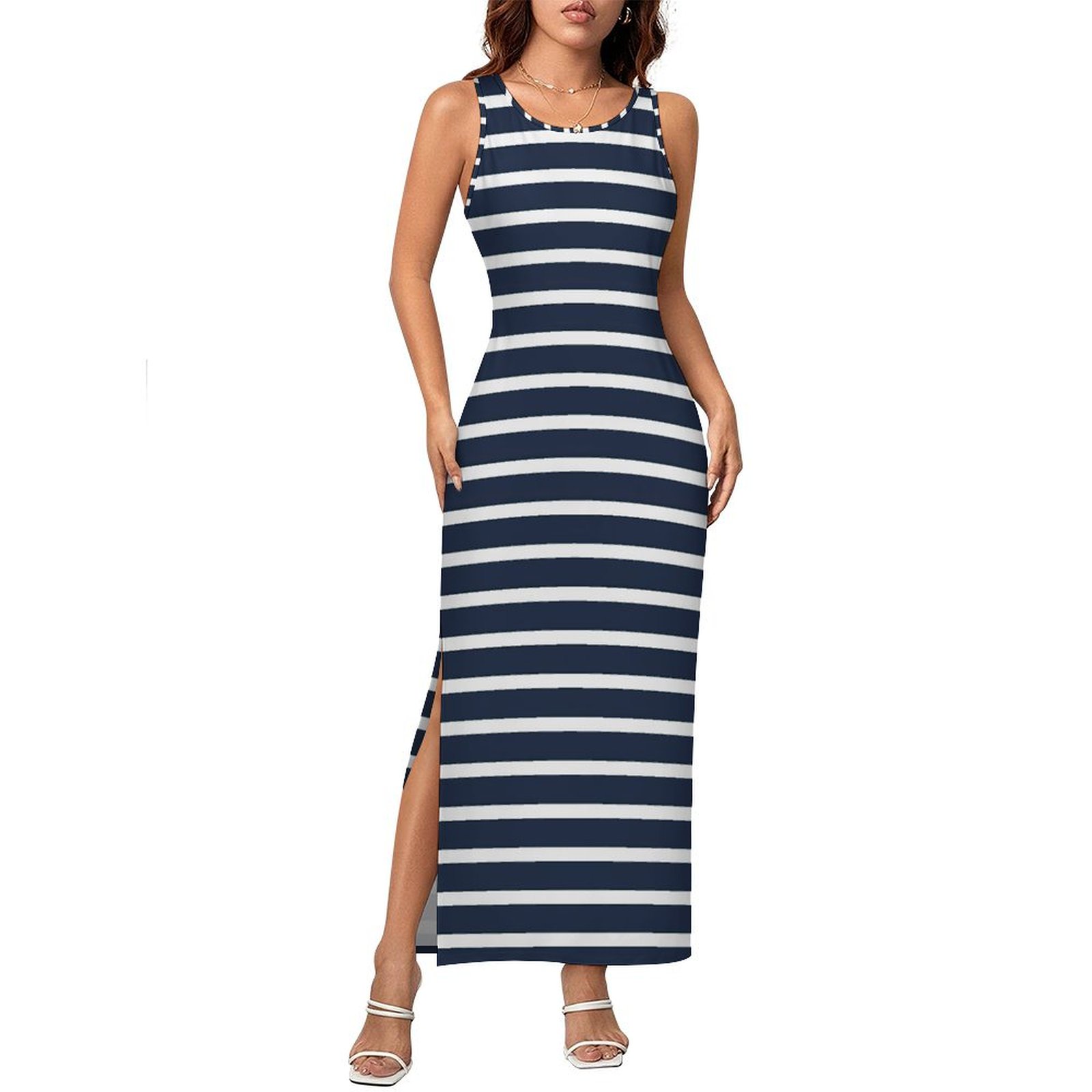 Nautical Navy And White Horizontal Stripes Women Side Slit Tank Dresses Sleeveless Maxi Dress Nautical-XL