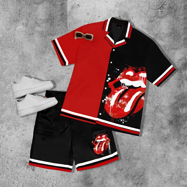 Comstylish Stones Hackney Diamond Tour Fun Contrast Lip Casual Shirt And Shorts Co-Ord