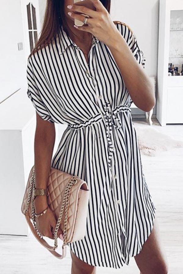 Striped Drawstring Lace-Up Dress P15569