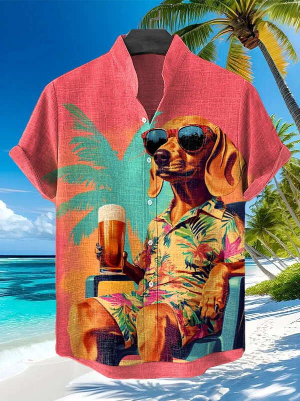 Men's Dog Drinking Beer On Vacation Art Print Casual Shirt
