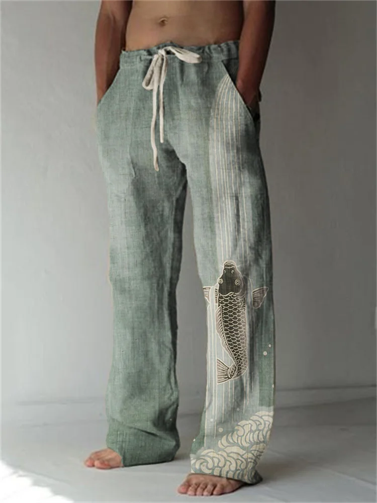 Comstylish Upstream Carp Japanese Art Linen Blend Casual Pants