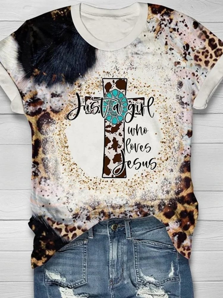 Vefave Western Cross Turquoise Leopard Print T Shirt