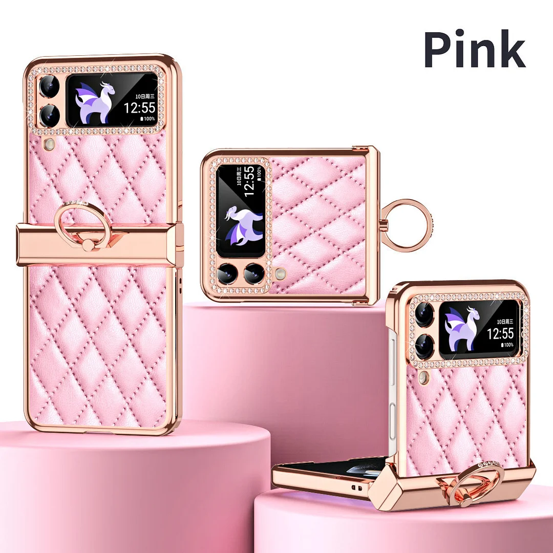Luxury Small Sweet Wind Electroplated Phone Case With Rhinestones Ring Stand And Hinge For Galaxy Z Flip3/Z Flip4