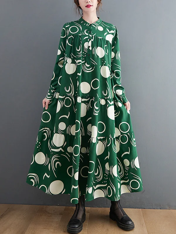 Vintage Print Long Sleeve Midi Dress