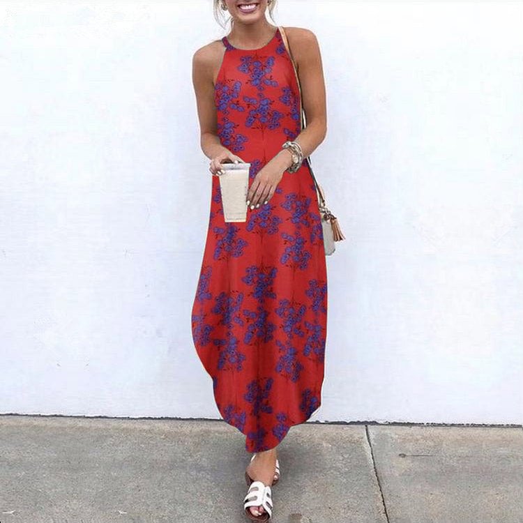 O-Neck Sleeveless Print Slit Dress
