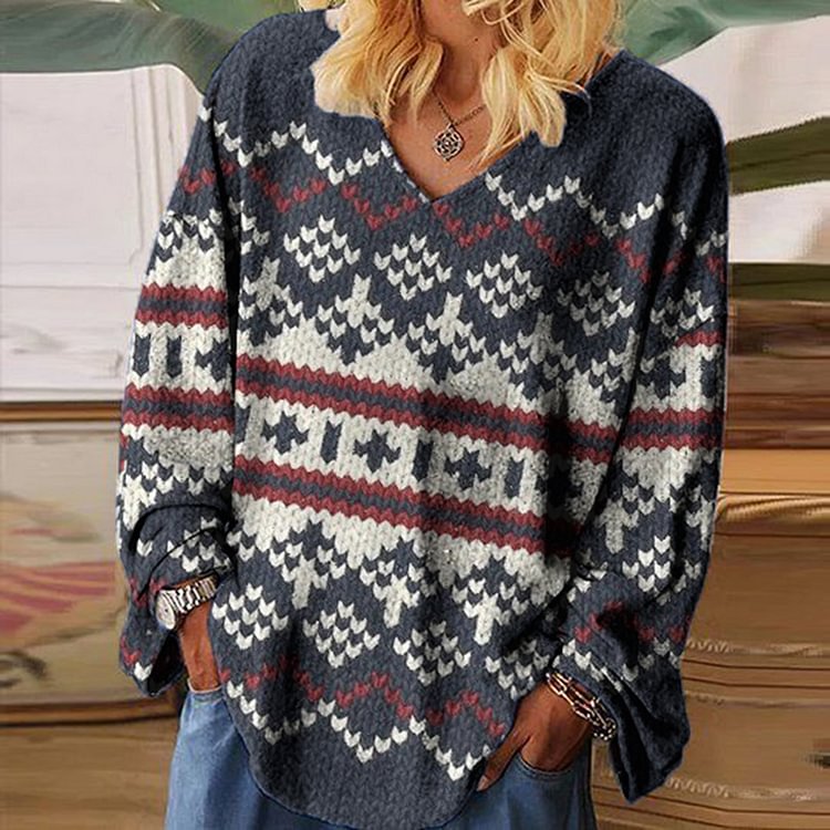 Vefave Vintage Icelandic Sweater Graphic Print V-Neck T-Shirt