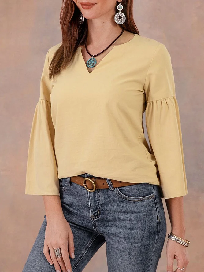 Women Cotton Bell Sleeve Gathered Shirts & Tops Zaesvini