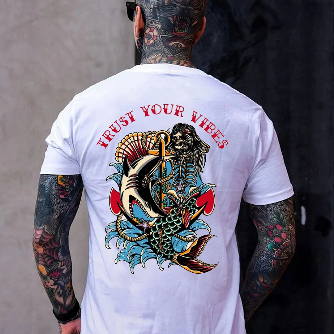 TRUST YOUR VIBES Skull in Underwater World White Print T-shirt