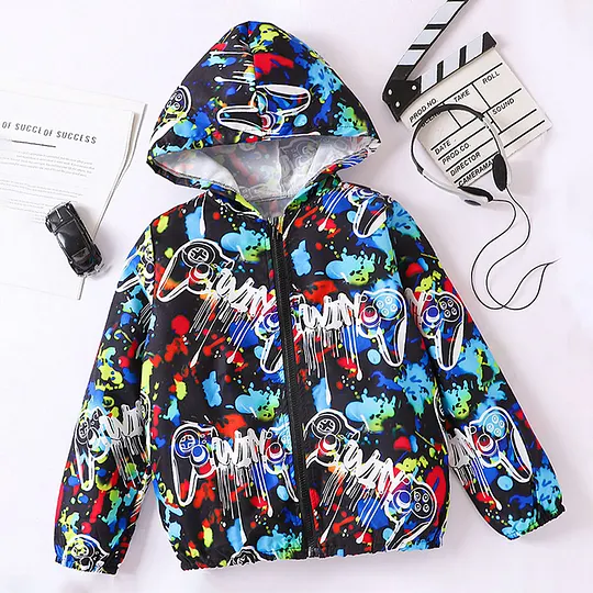 【5Y-12Y】Boys Graffiti Print Long Sleeve Hooded Jacket