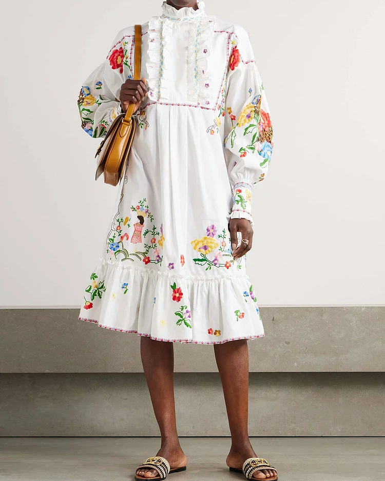 Ruffled embroidered cotton, linen and silk-blend dress