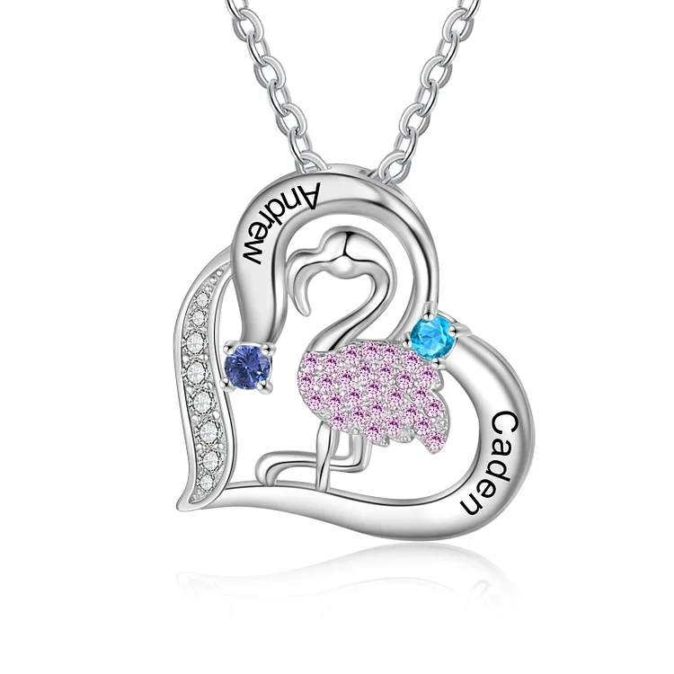 Kettenmachen Personalisierte Flamingo-Herz Halskette mit 2 Namen und 2 Geburtssteinen Graviert