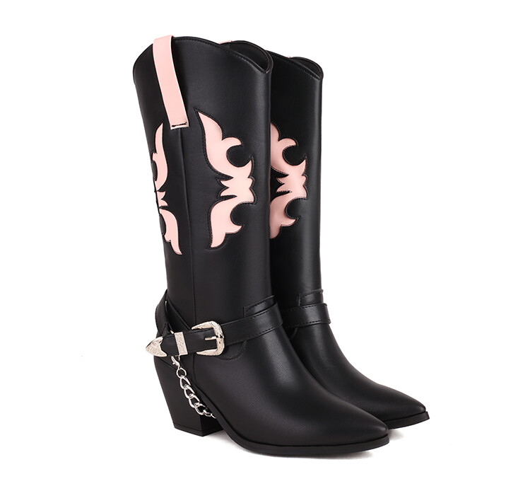 TAAFO Countryside Style Chunky Heel Shoes Women Cowboy Half Knee High Boots Patchwork Metal Chain Mid-Calf Booty Colors