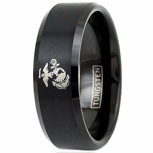 Women's Or Men's U.S. Marines / USMC Marine Corps. Tungsten Carbide Wedding Band Rings,Military Wedding ring bands. Black Laser Etched United States Marines Logo Ring With Mens And Womens For Width 4MM 6MM 8MM 10MM