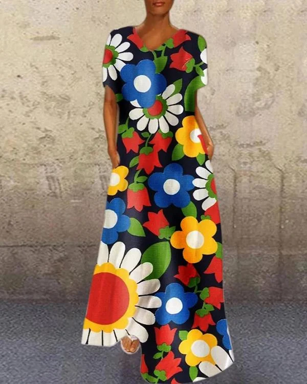 Short Sleeve Printed V Neck Floral Dresses