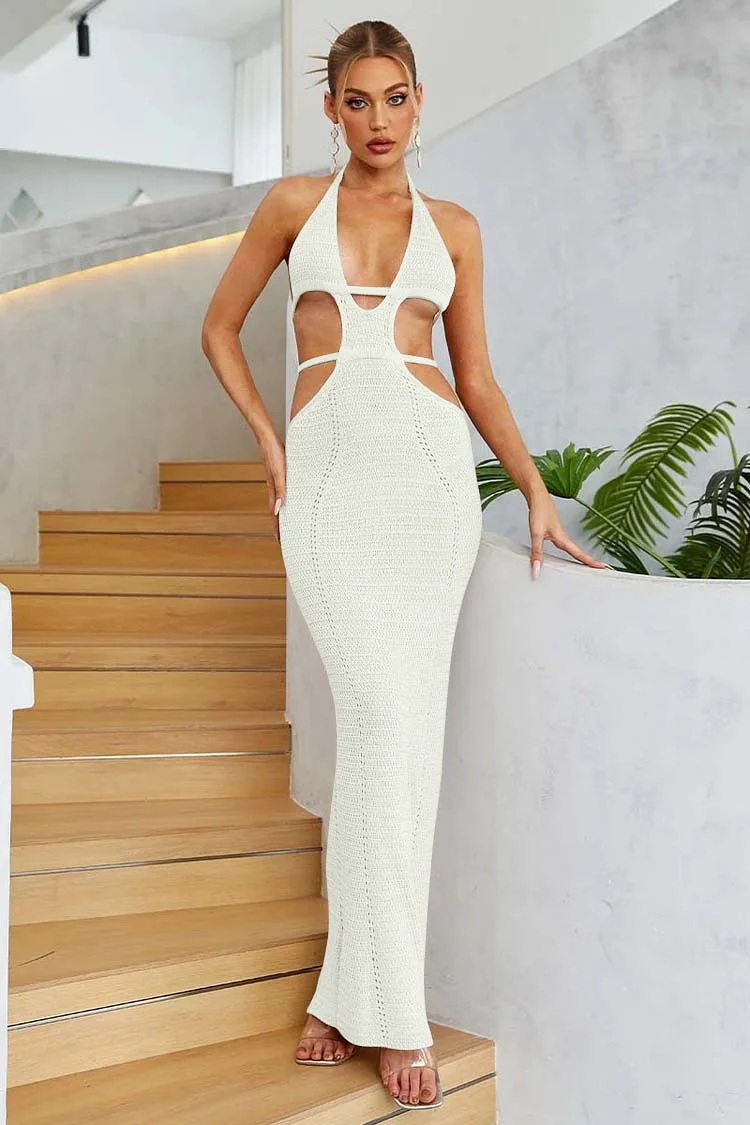 Cutout Knitted V Neck Tie Straps Bodycon Maxi Dresses