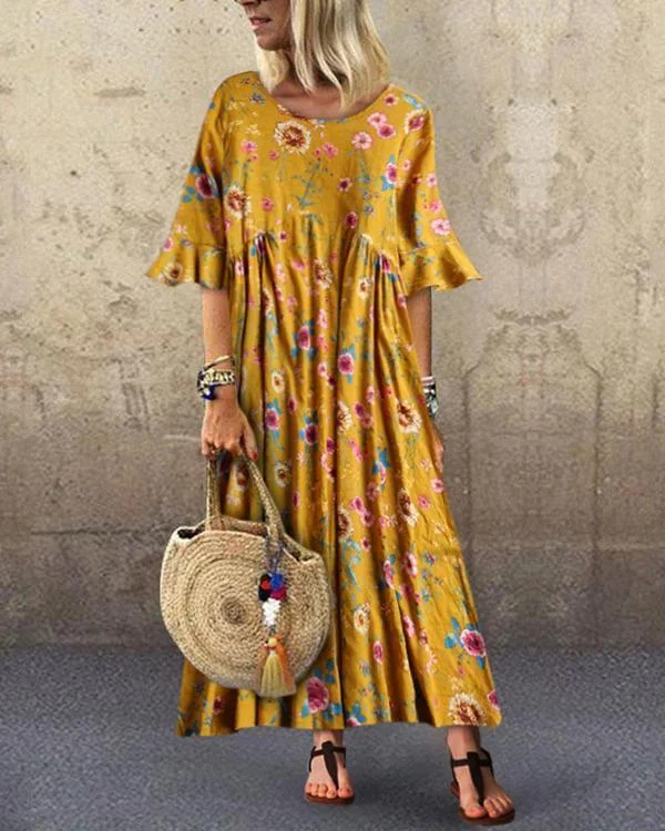 Leisure Trumpet Sleeve Broken Flower Dress