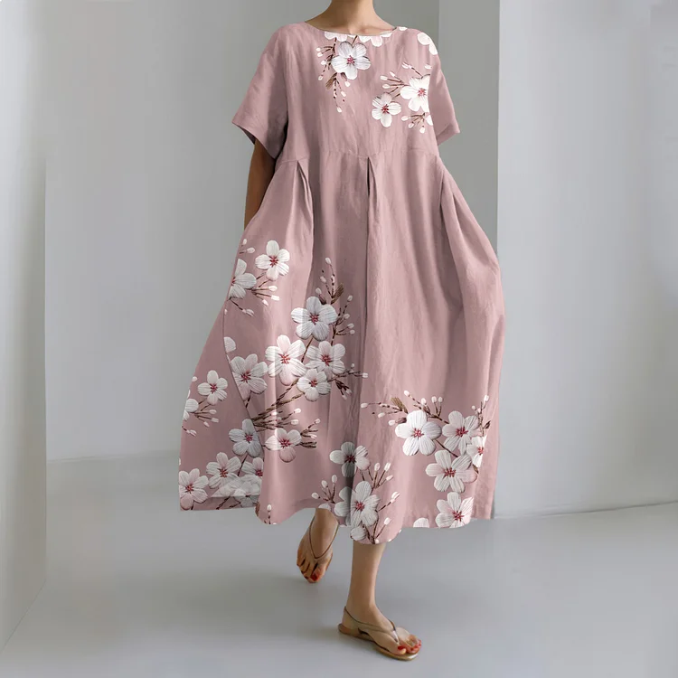 Comstylish Casual Cherry Blossom Print Short Sleeve Linen Blend Dress