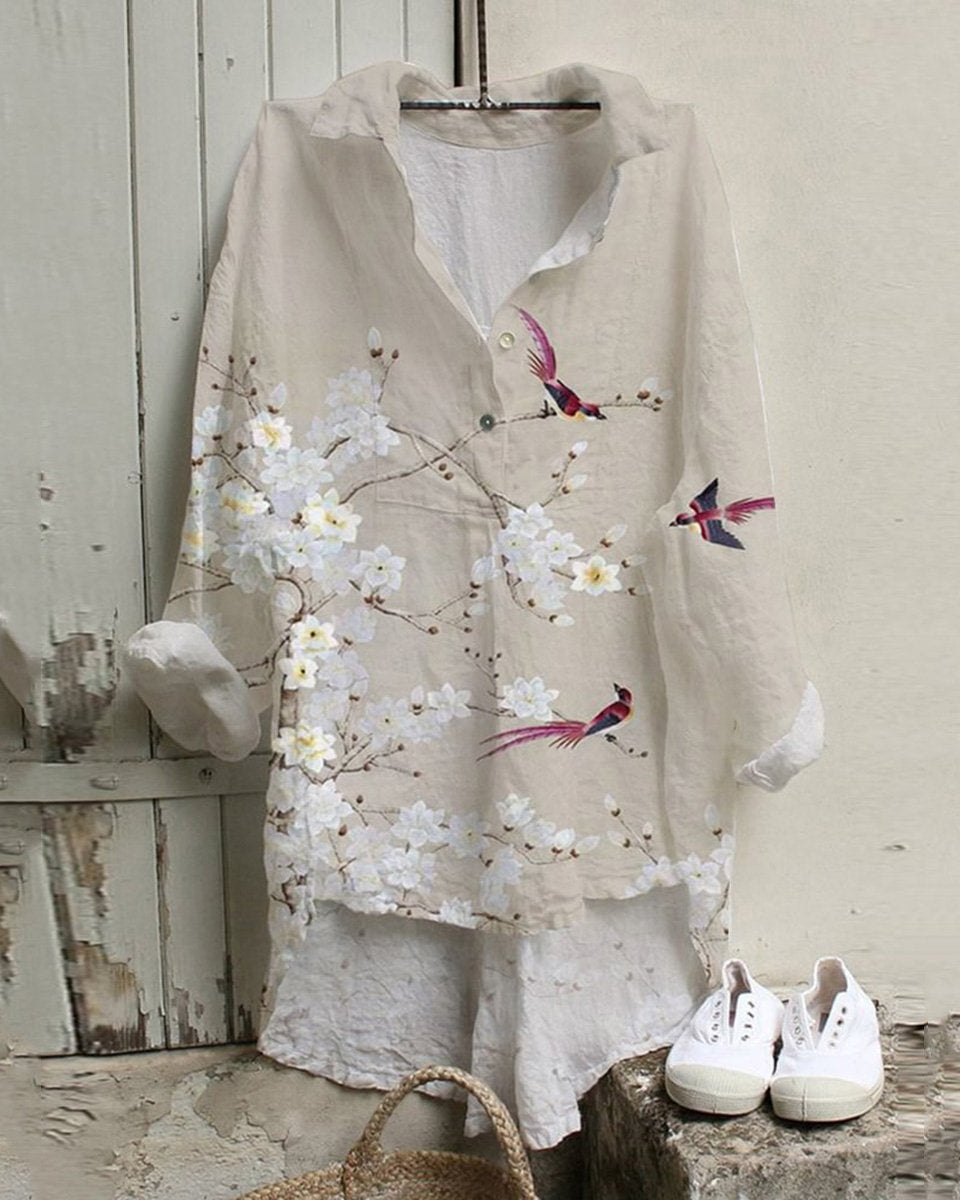 Pearl Ruffle Linen Shirt - Poinsettia