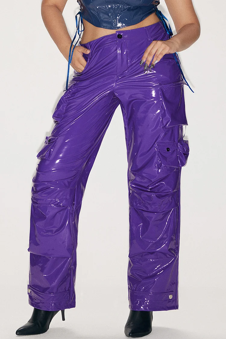 Plus Size Daily Pant Purple High Waist Pu-Leather Cargo Pant With Pockets [Pre-Order]