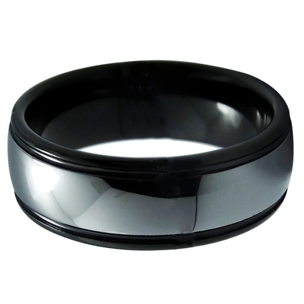 8mm Men's Silver Glossy Surface Tungsten Ring Black Step Edge