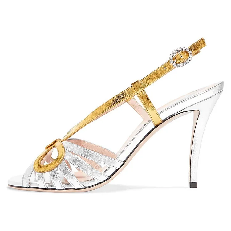Gold & Silver Slingback Shoes Vintage Peep Toe Prom Heeled Sandals |FSJ Shoes