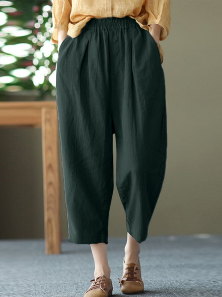 Women Solid Pocket Elastic Waist Casual Harem Pants