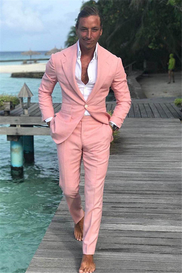 Dresseswow Pink Notched Lapel Linen Prom Formal Short Fit Prom Men's Wears For Man