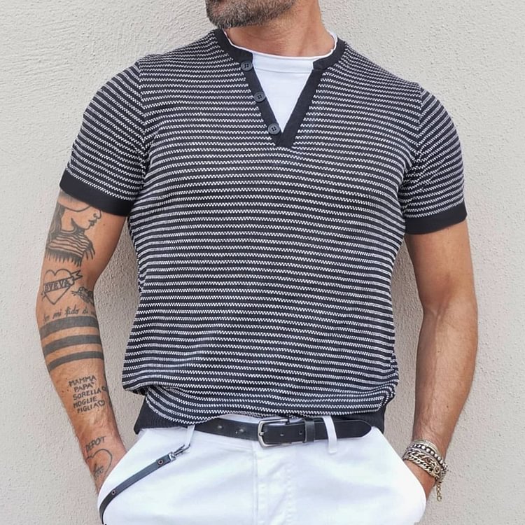 Men's V-neck Casual T-Shirt Retro Colorblock Stripes Short Sleeve Top