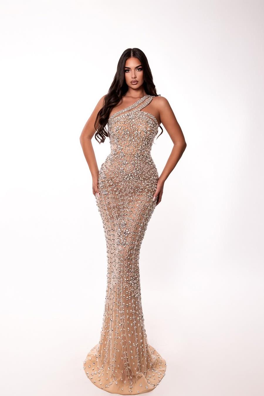 Lussooy Shinning Sleeveless One Shoulder Mermaid Sweep Prom Dress with Beading