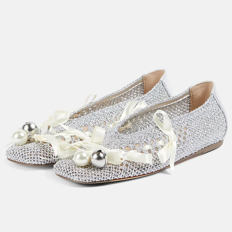 Silver Crochet Mesh Square Toe Pearl Bow Decor Women's Dress Flats |FSJ Shoes