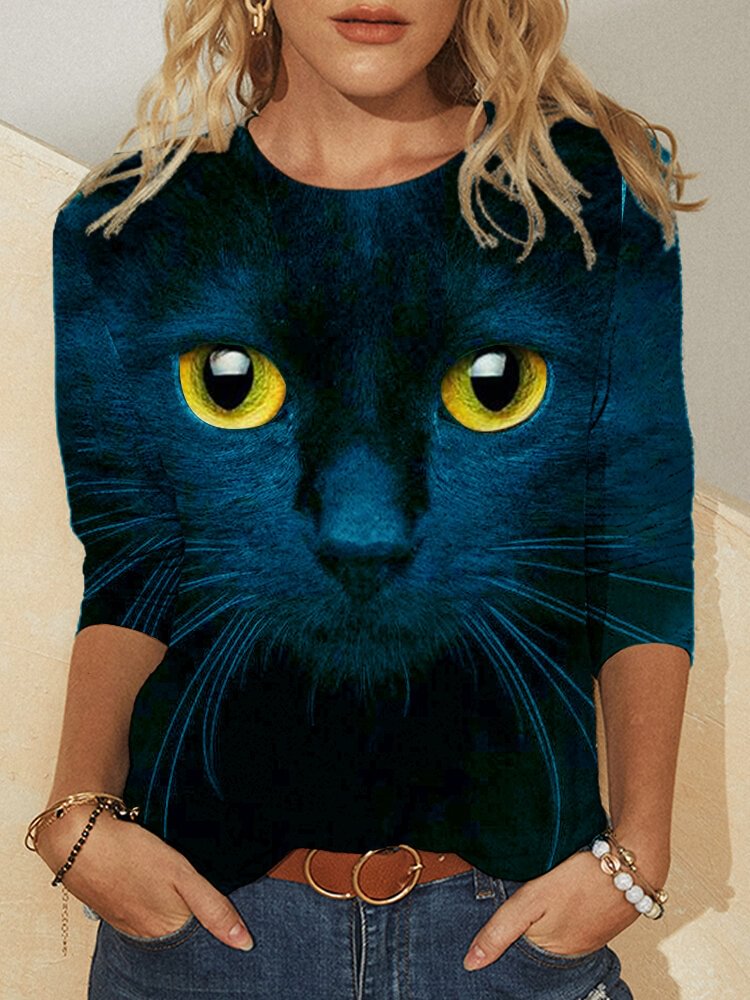 Cat Face Print Long Sleeve O neck Casual T shirt For Women P1785676