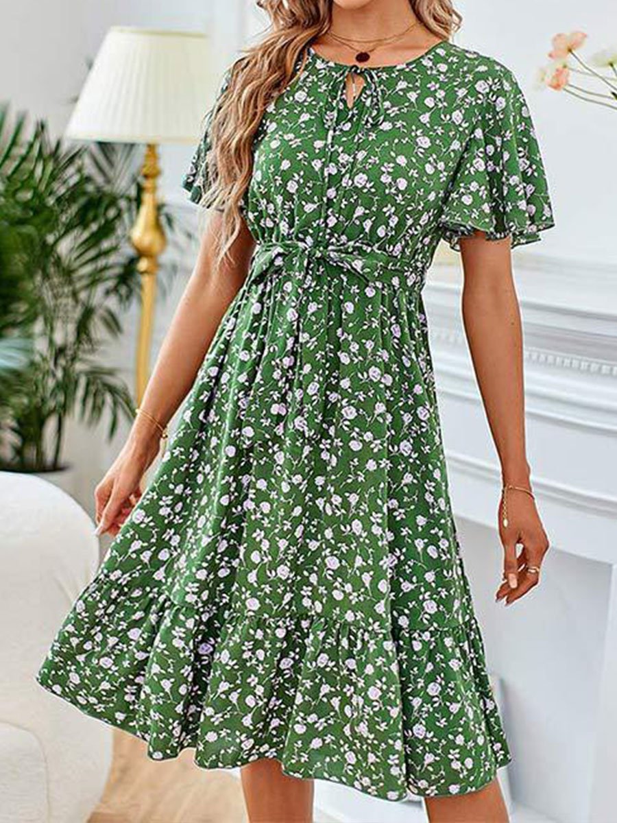 Women's Elegant Printed Bow Round Neck Waist Dress