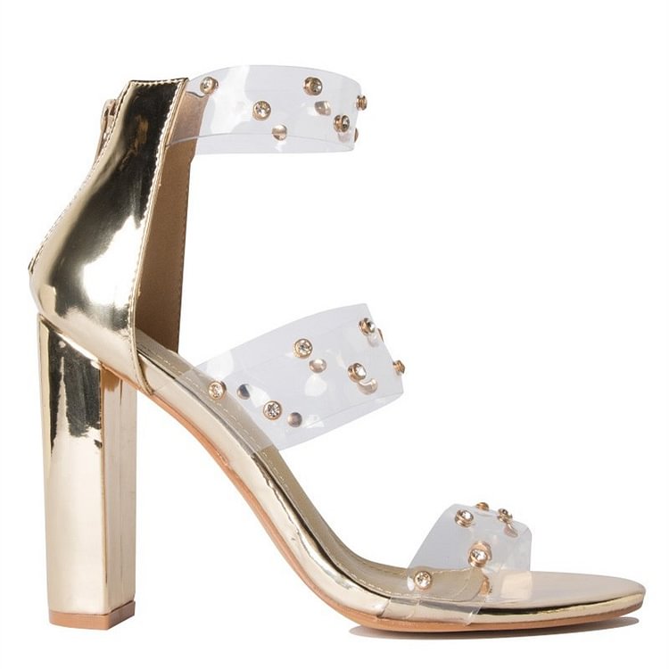 Gold Clear Chunky Heel Sandals Transparent Sandals white Rhinestone |FSJ Shoes
